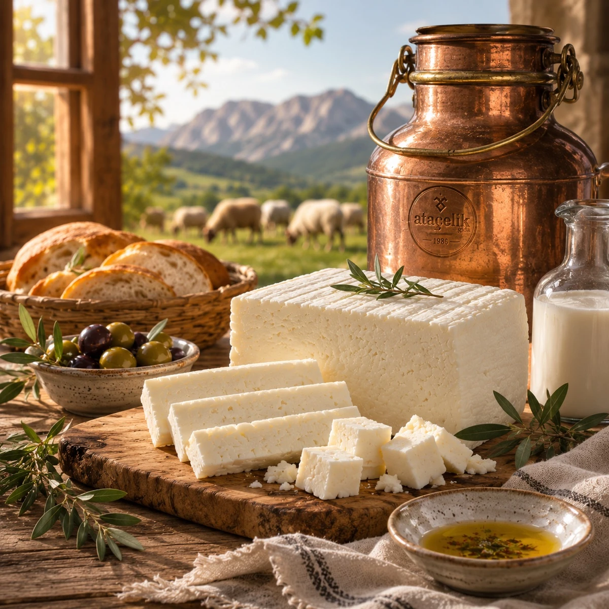 Bakır güğüm ve geleneksel peynir sunumu